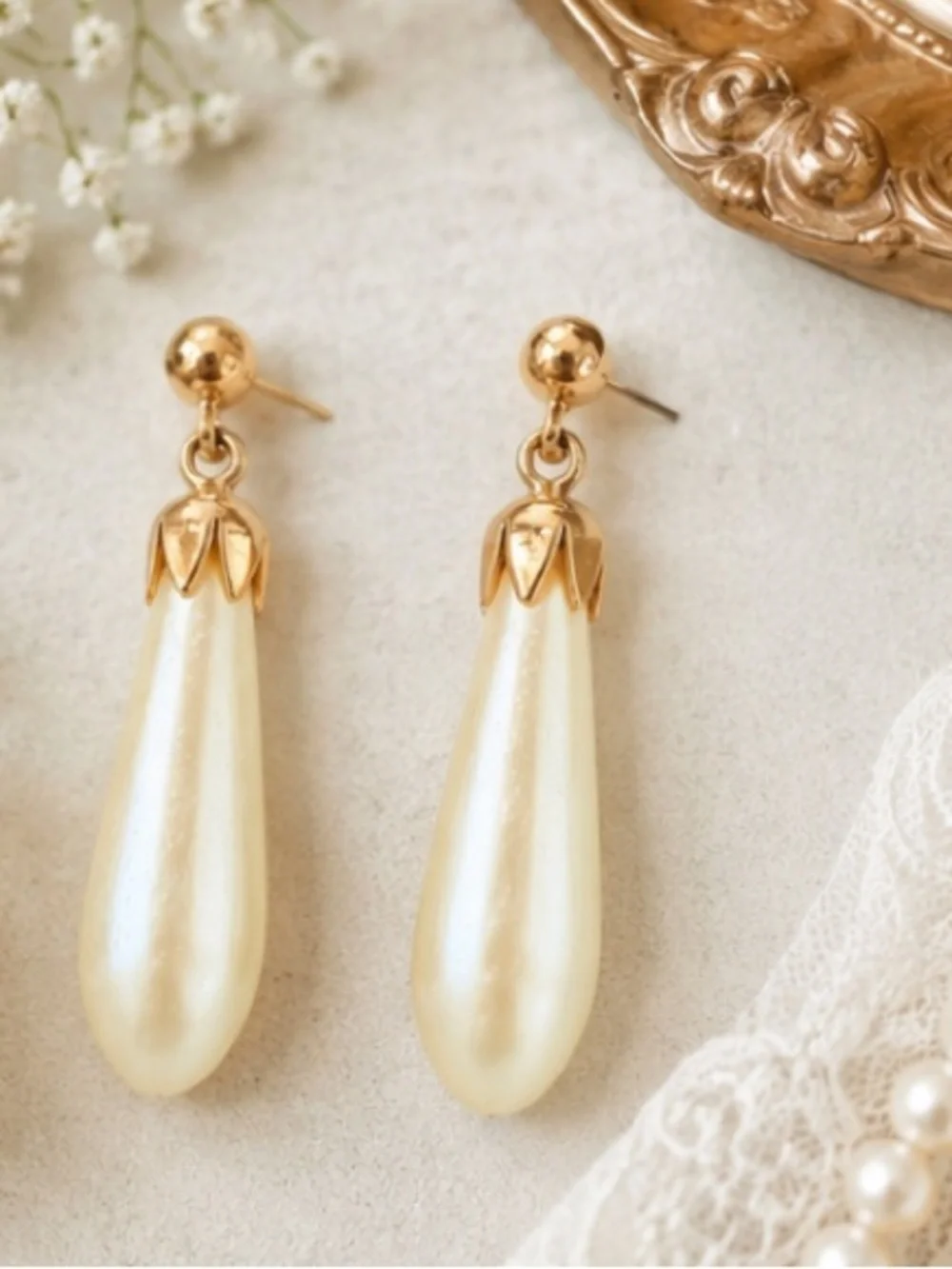 Vintage 1928 Gold Tone Faux Mother of Pearl Teardrop Dangle Earrings Victorian